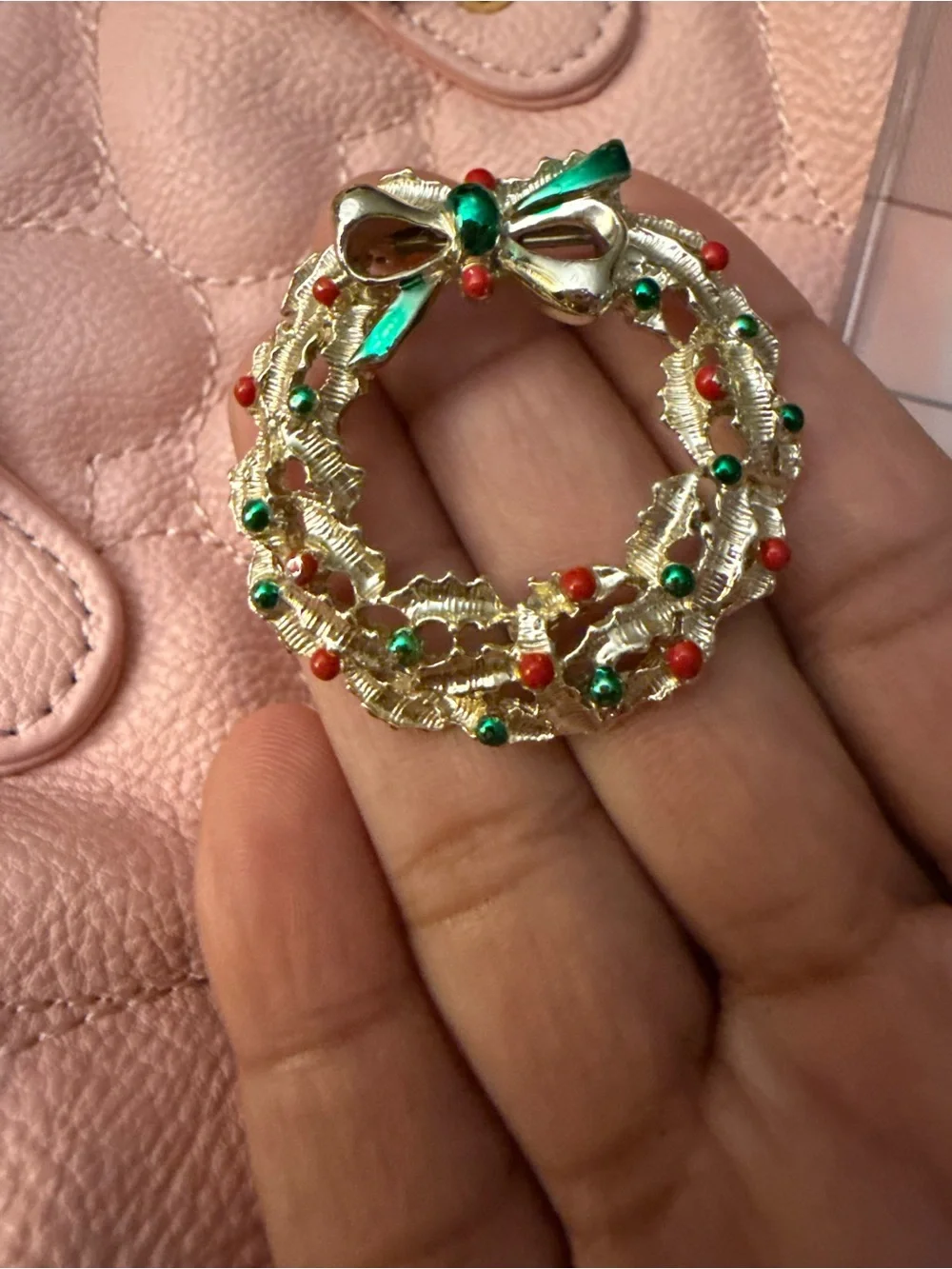 Gold-Tone Holiday Wreath Brooch with Red & Green Accents